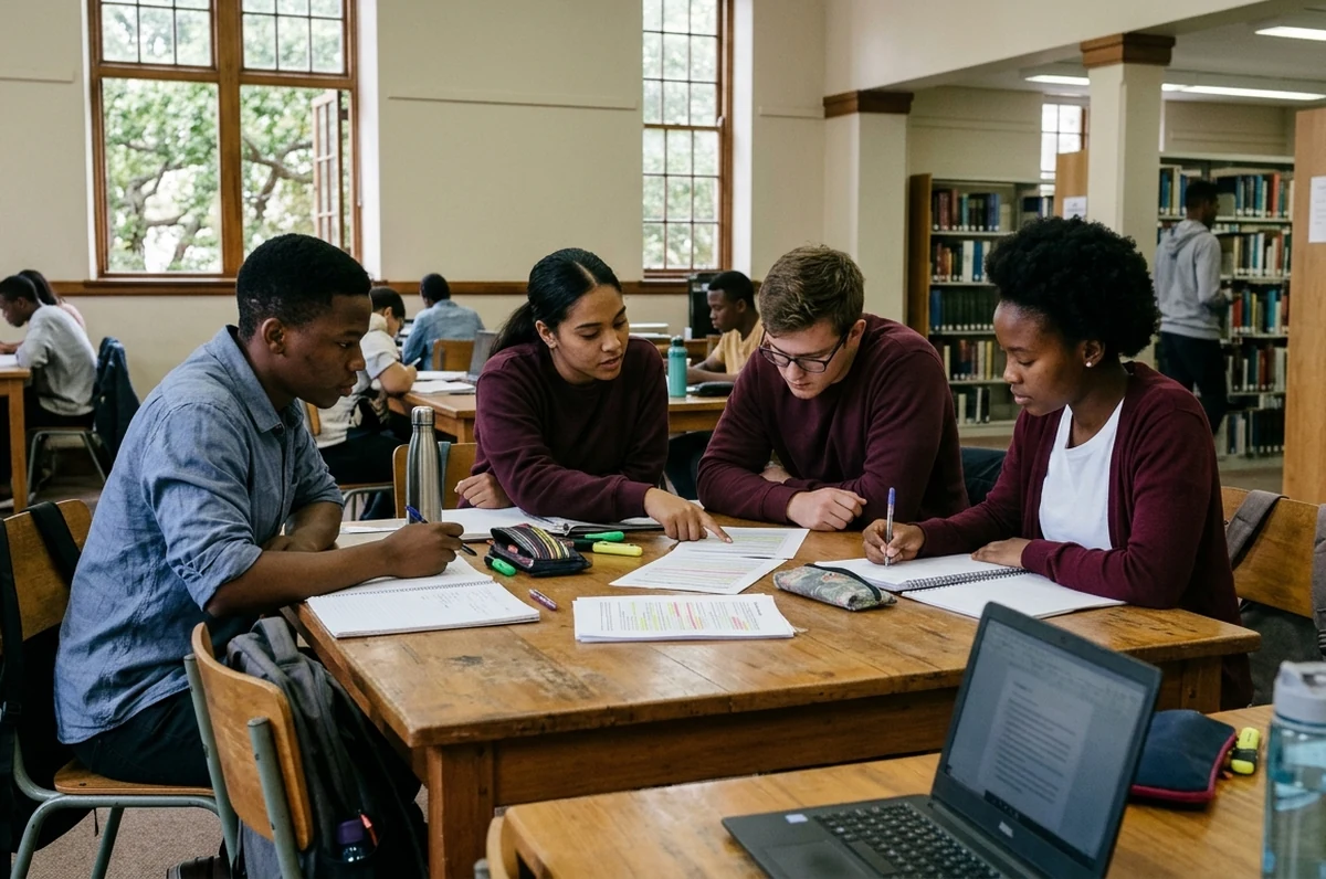 A group of students studying together at a library table