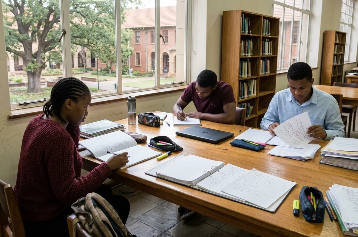 Students studying with notes and papers in a campus library