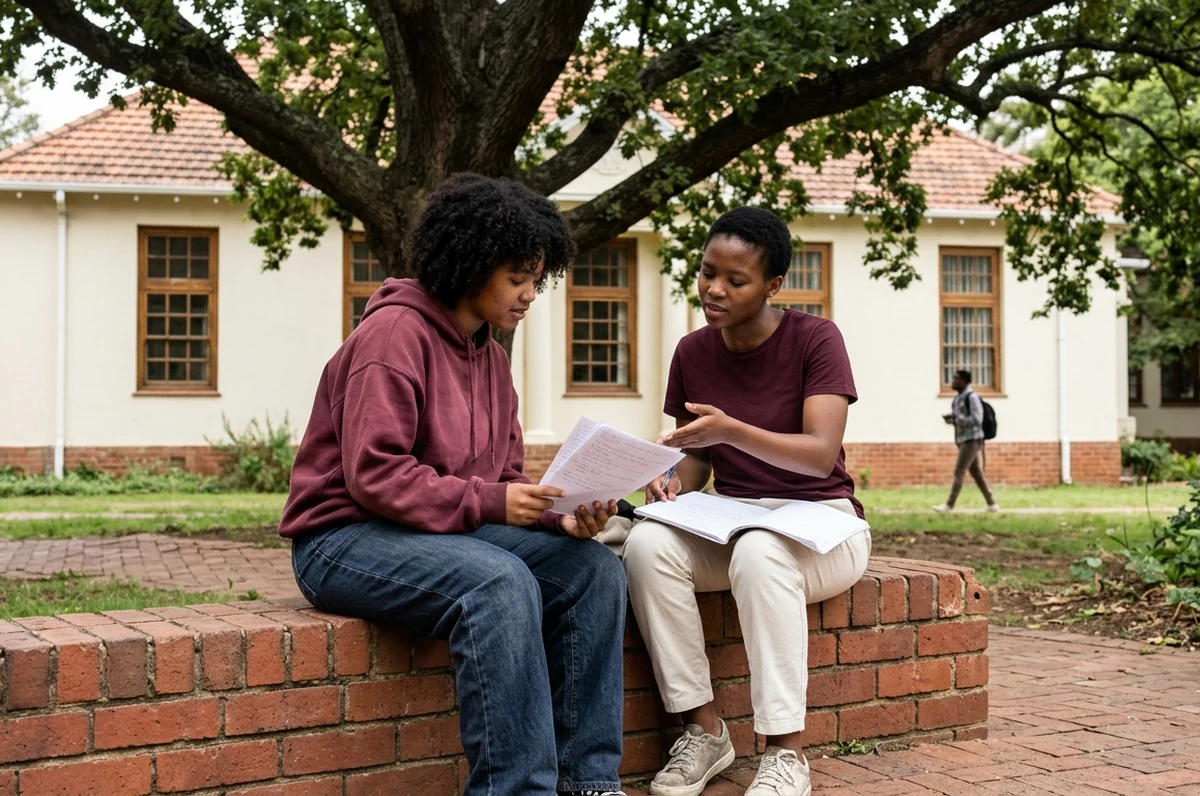 Two students sitting together on campus reviewing papers and notes