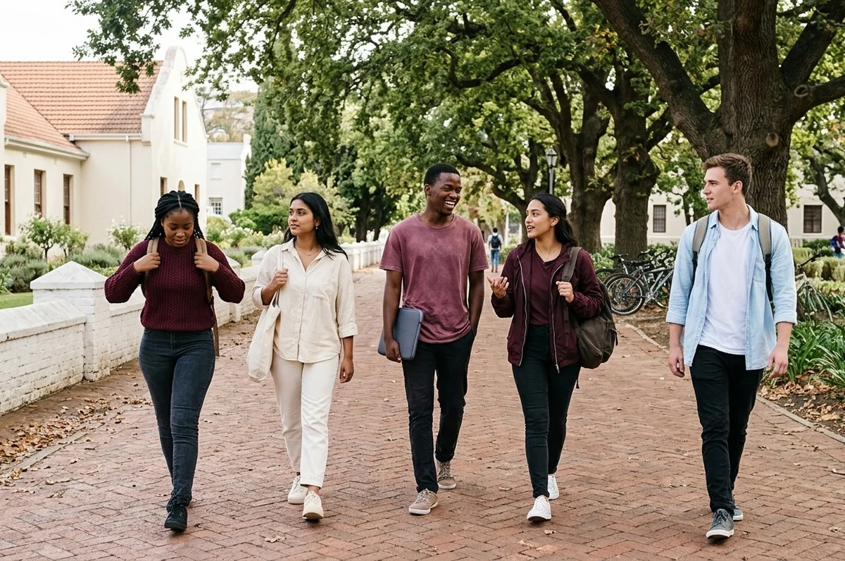 A group of students walking together and talking on campus